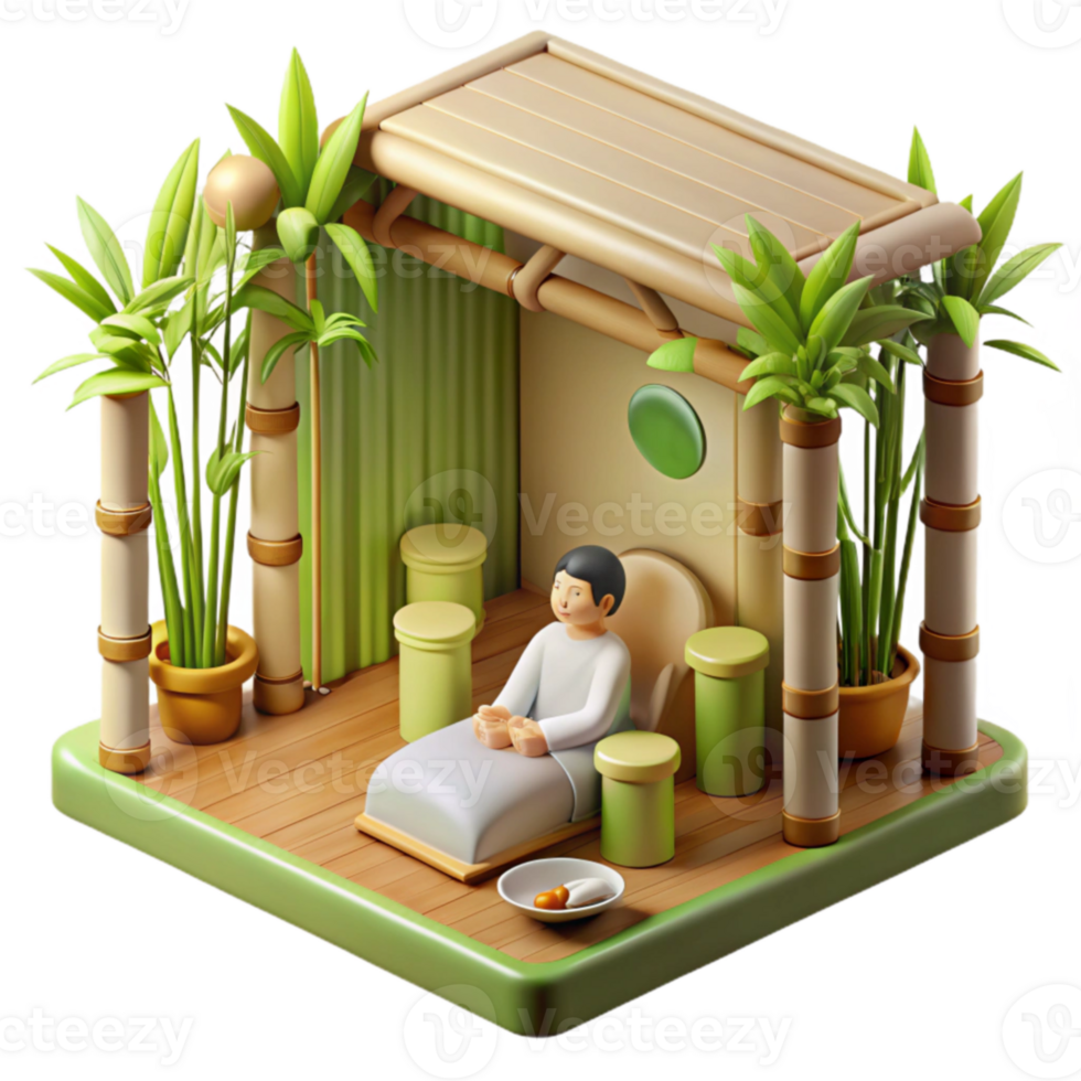 Serene Relaxation Space 3D Render of Tranquil Bamboo Retreat png
