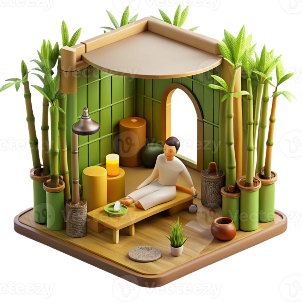Tranquil Zen Garden Room 3D Isometric Illustration png