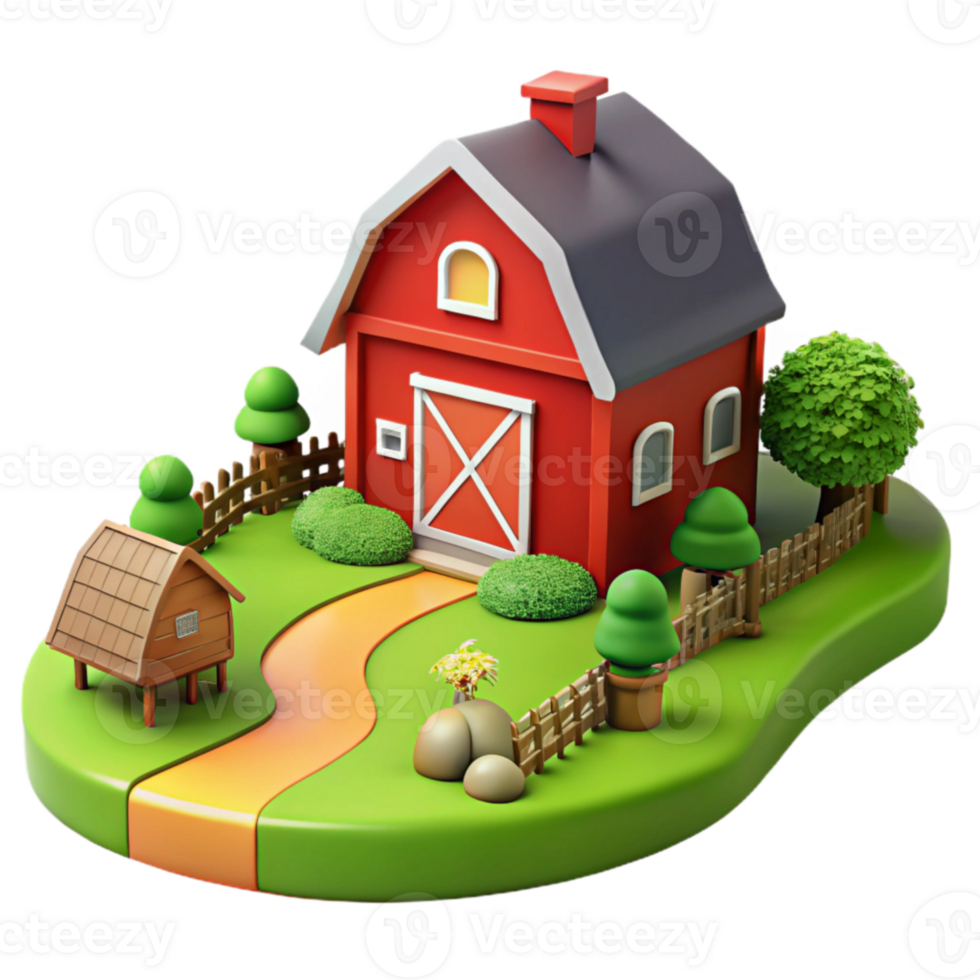 Red Barn Farm 3D Model Rural Landscape Scene png