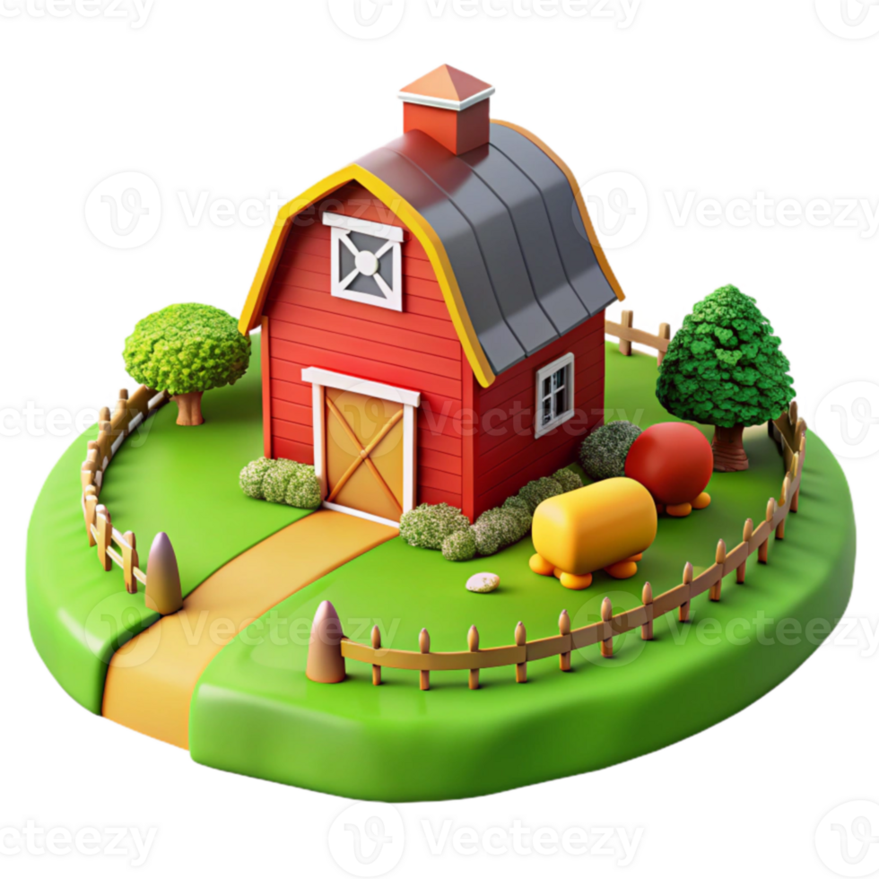 Cartoon Farm Scene Red Barn, Fence, Trees png