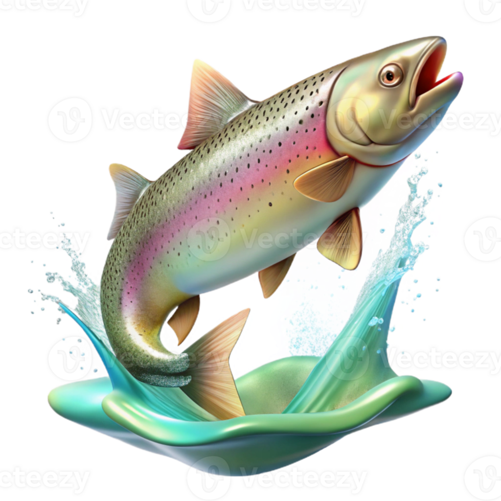 serene artistic Rainbow Trout 3D Illustration Leaping Water premium png