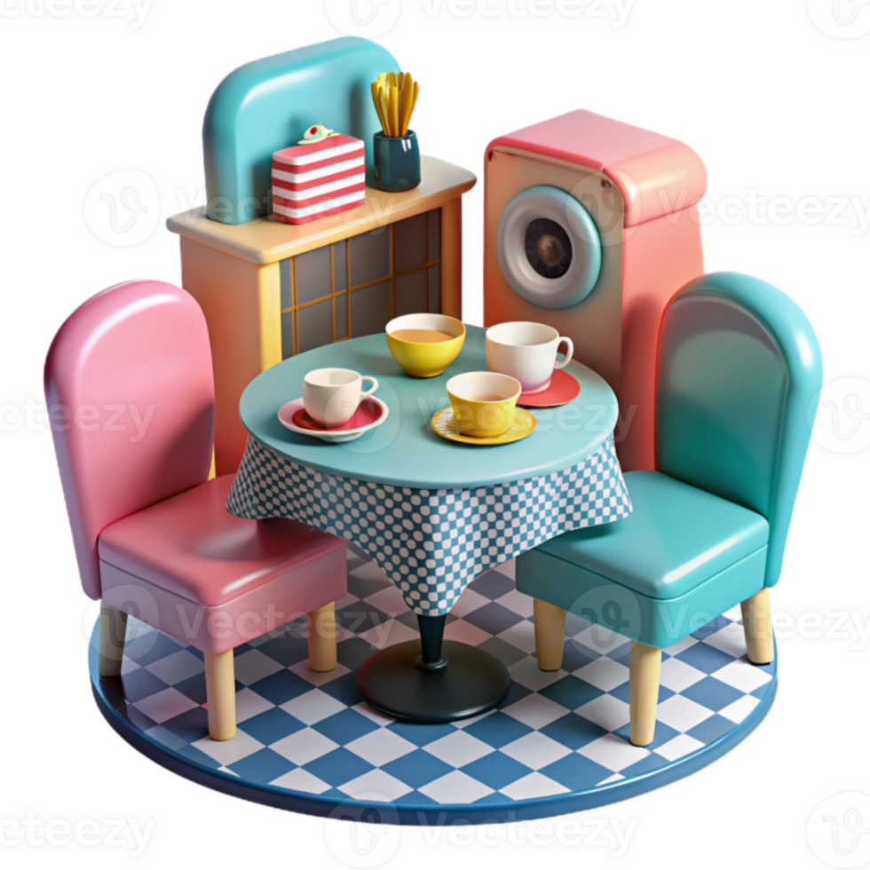 Retro Diner Scene Table, Chairs, and Teacups png