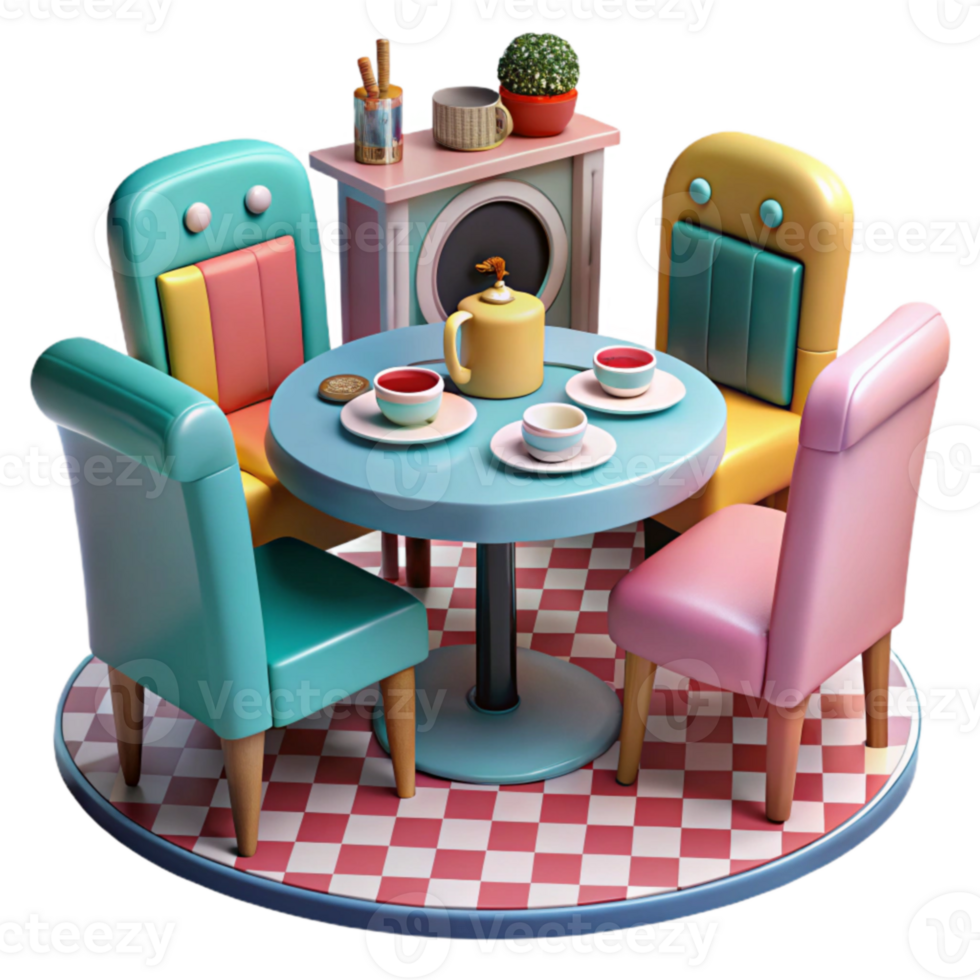 Retro Diner Table Setting 3D Render of a Cute Tea Party png
