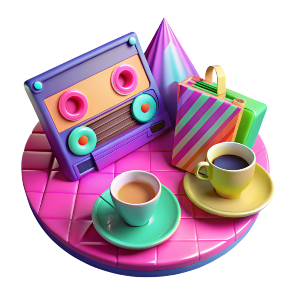 Retro Cassette, Coffee, and Geometric Shapes png
