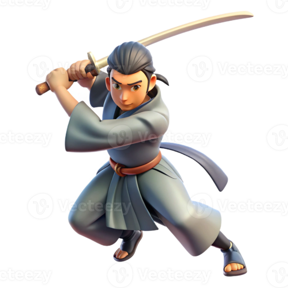 extraordinary minimalist 3D Render Young Samurai Sword Fighter professional png
