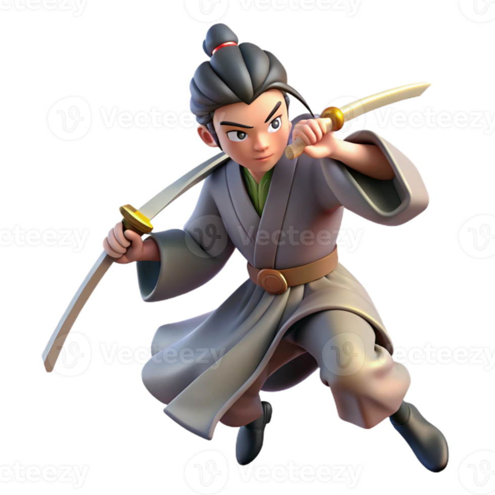 magnificent minimalist 3D Render Young Samurai Illustration detailed png