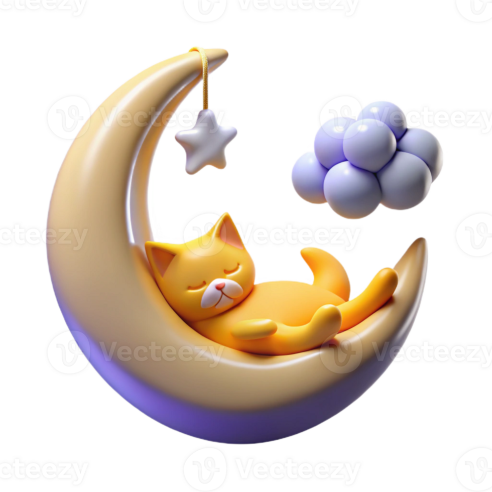beautiful traditional 3D Render Sleeping Cat Moon Illustration high resolution png