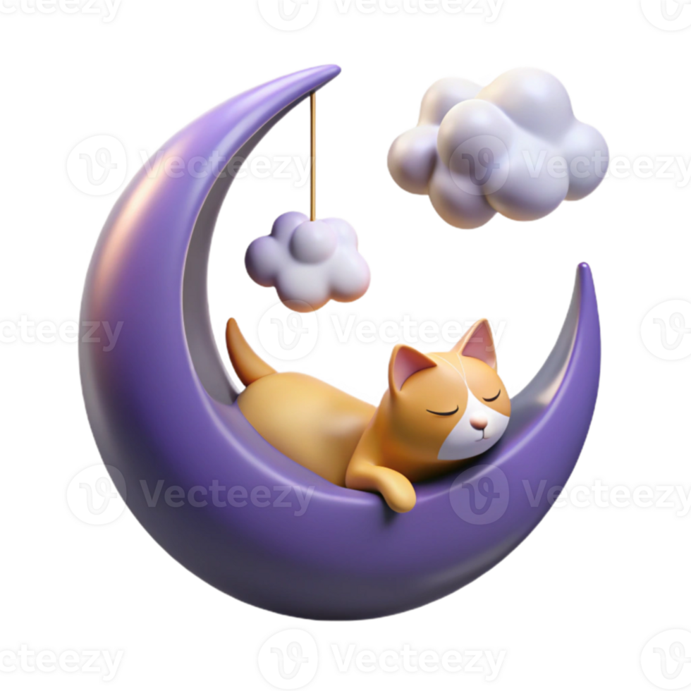 magnificent modern 3D Render Sleeping Cat on Crescent Moon Illustration high resolution png