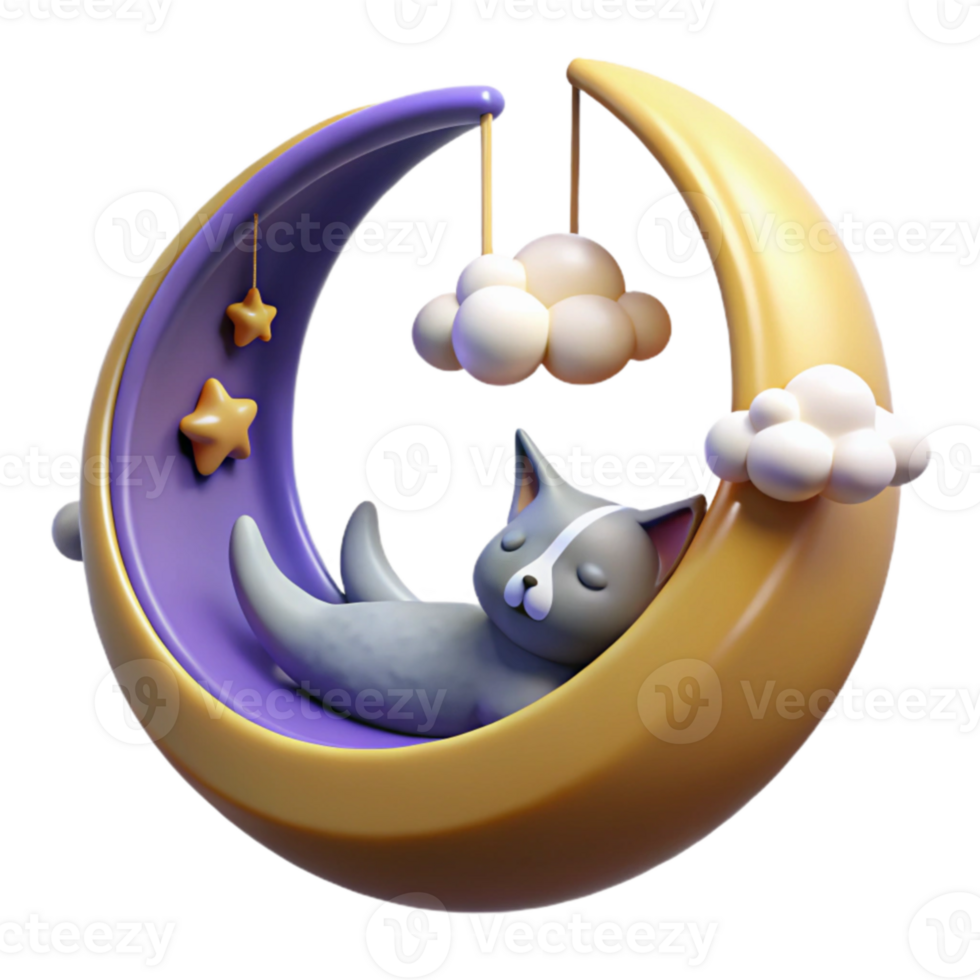 vibrant abstract Sleeping Cat on Crescent Moon 3D Render premium png
