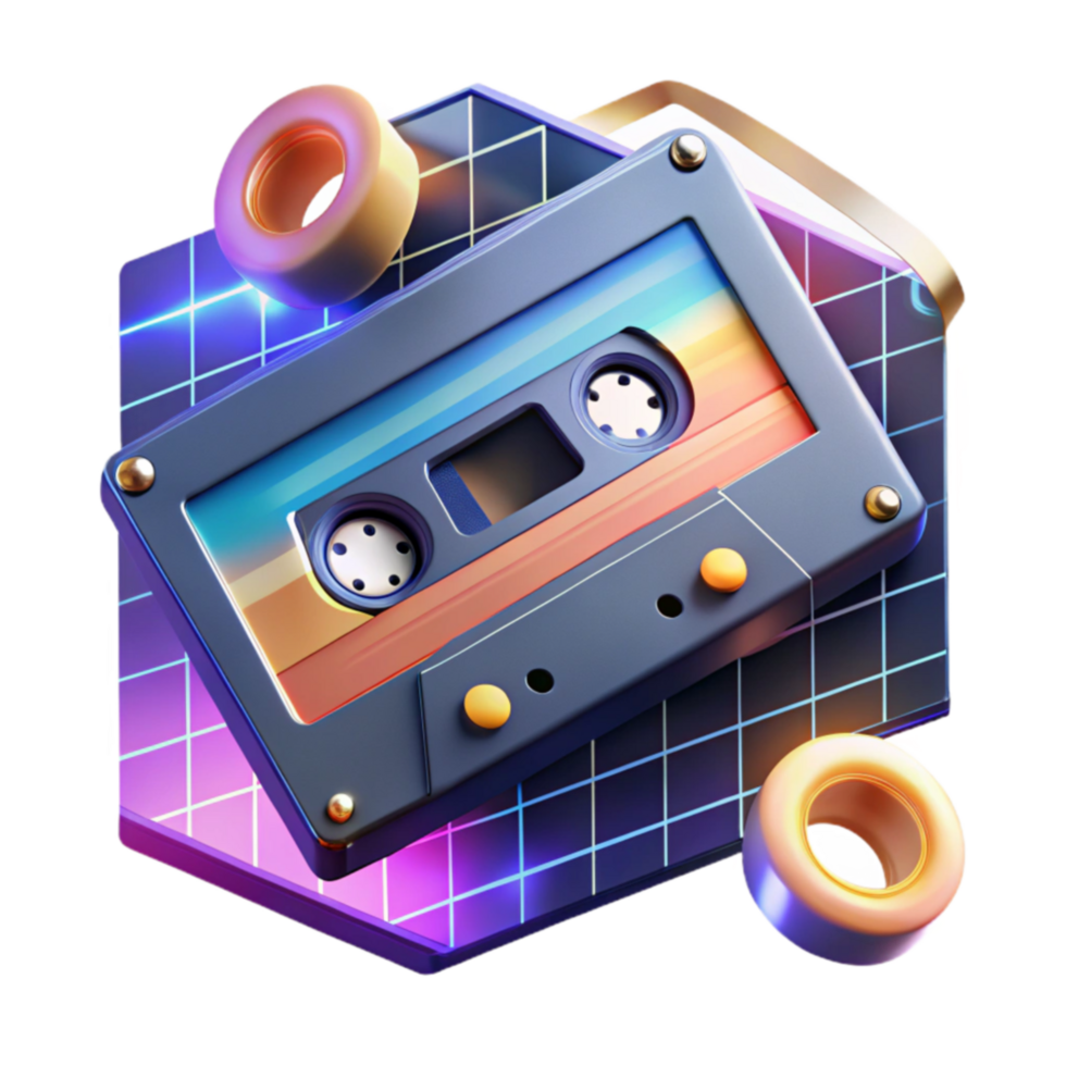 Retro Cassette Tape with 80s Synthwave Design png