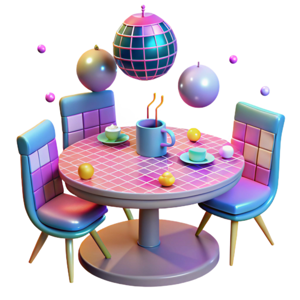 Retro Diner Table Scene 3D Render of Colorful Chairs and Drinks png