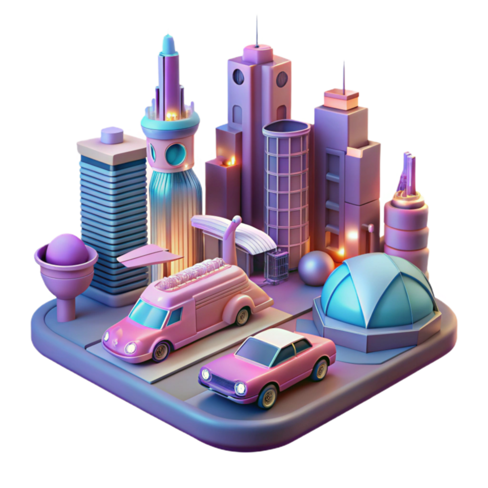 Retro Cityscape 3D Render of Urban Architecture and Vehicles png