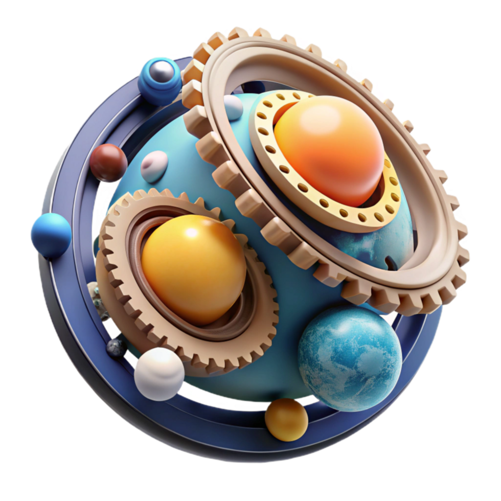 Abstract Planetary Gear System 3D Render of Interlocking Orbits png