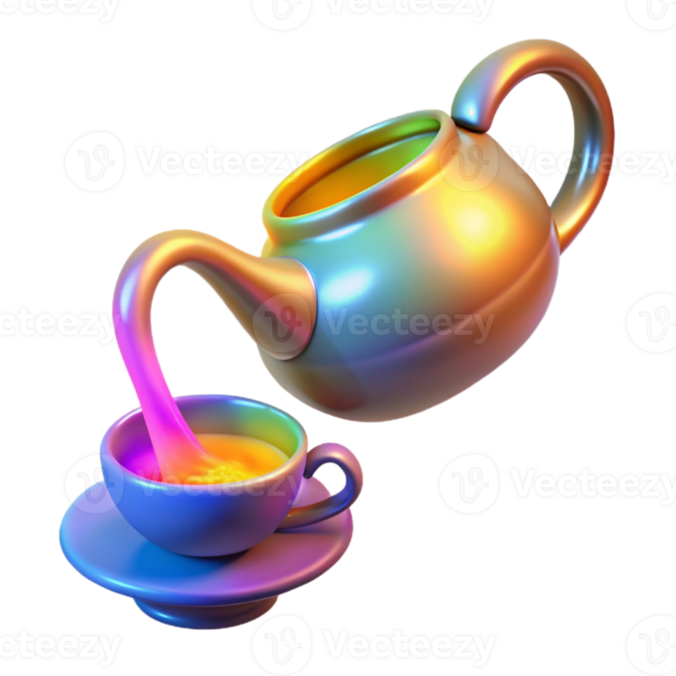 beautiful vintage Iridescent Teapot and Cup 3D Render exclusive png