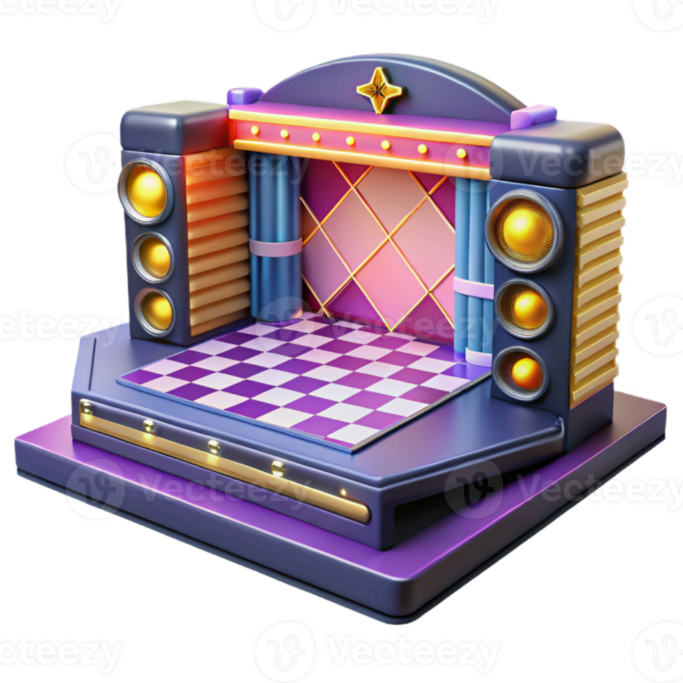 Retro Stage Design 3D Checkered Floor, Speakers, and Lights png