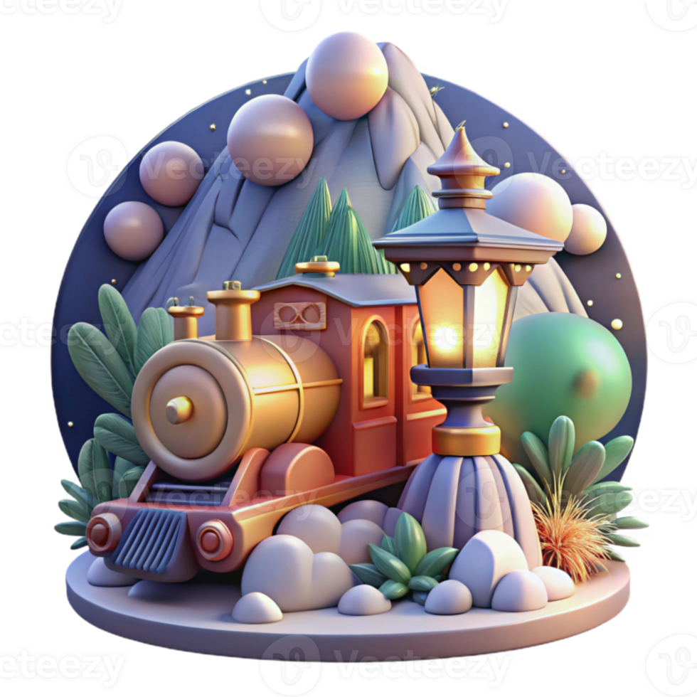 Night Train Journey 3D Render of Toy Train and Lamp png