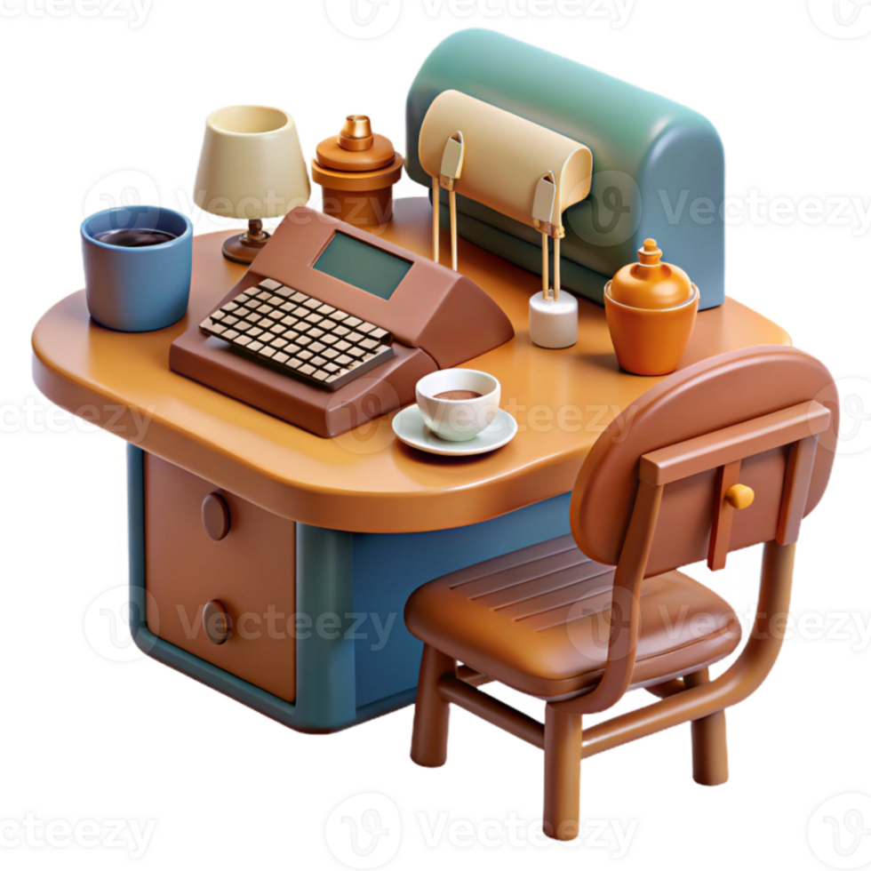 Retro Desk Setup Vintage Typewriter, Chair, and Coffee png
