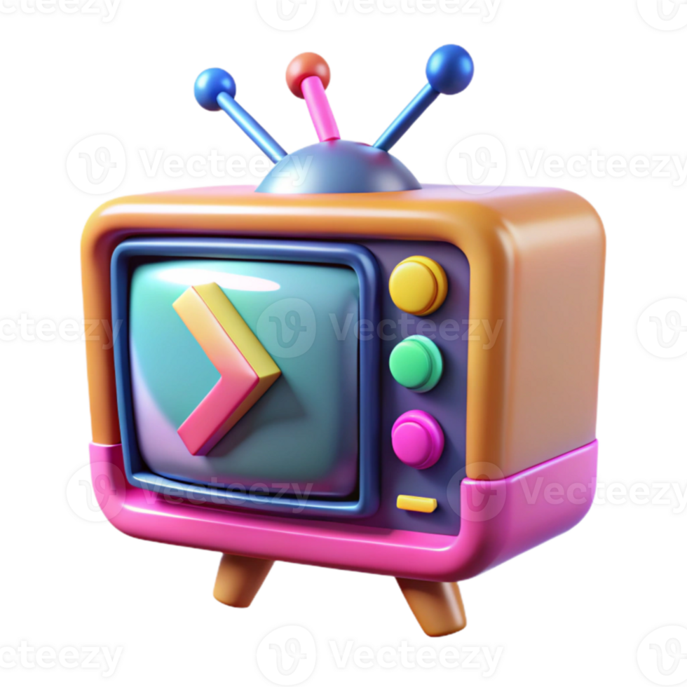 Retro TV Play Button, Colorful 3D Render png
