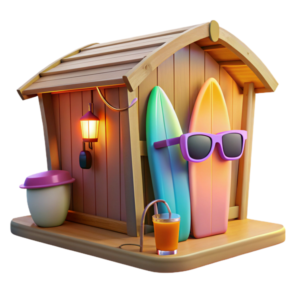 Summer Beach Hut with Surfboards and Sunglasses png