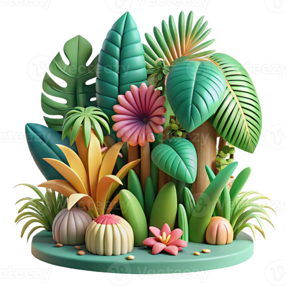 Tropical Paradise 3D Render of Lush Foliage and Flowers png