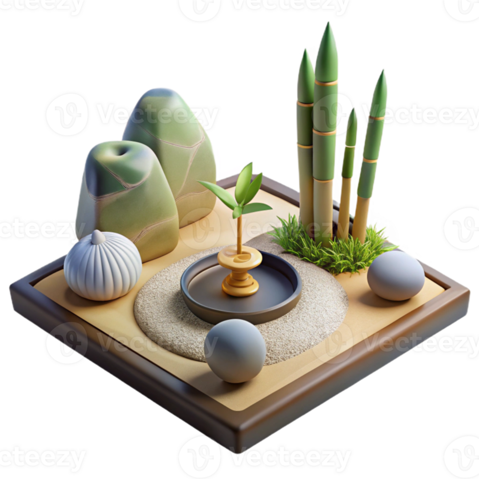 wonderful traditional Zen Garden 3D Illustration Tranquil Rocks, Bamboo, and Sand premium png