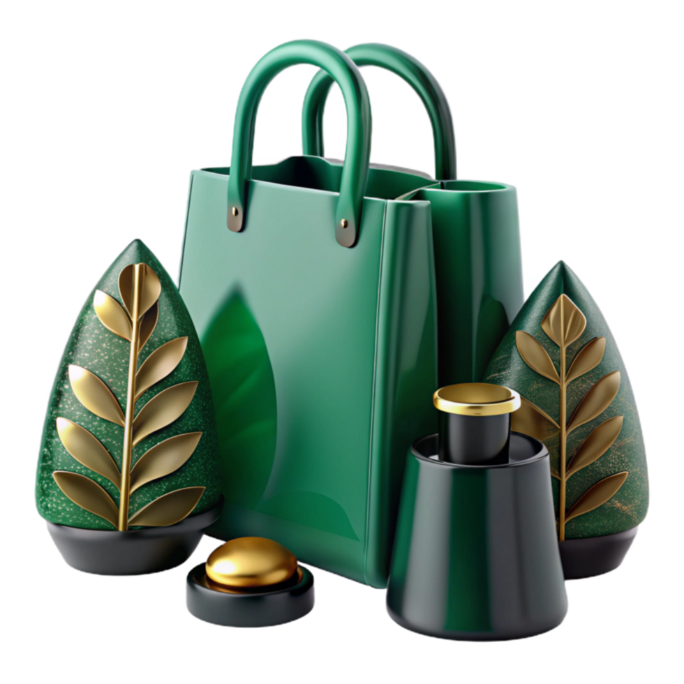 Luxury Green Gift Set Elegant Bag, Decorative Containers, and Gold Accents png