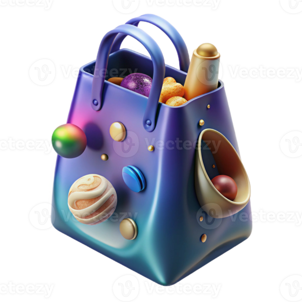 Cosmic Shopping Bag 3D Render of Iridescent Purse with Planets png