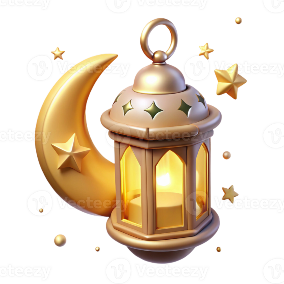 magnificent creative Golden Lantern and Crescent Moon 3D Render high quality png