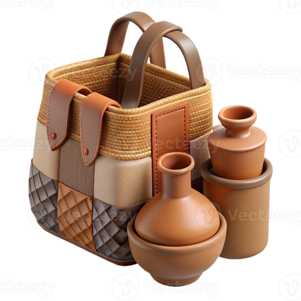 Clay Pots in Woven Bag Rustic Decor png