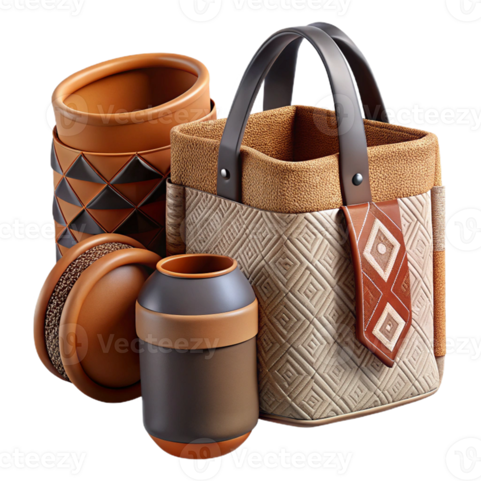 Artisan Crafted Brown Beige Geometric Patterned Containers and Bag png