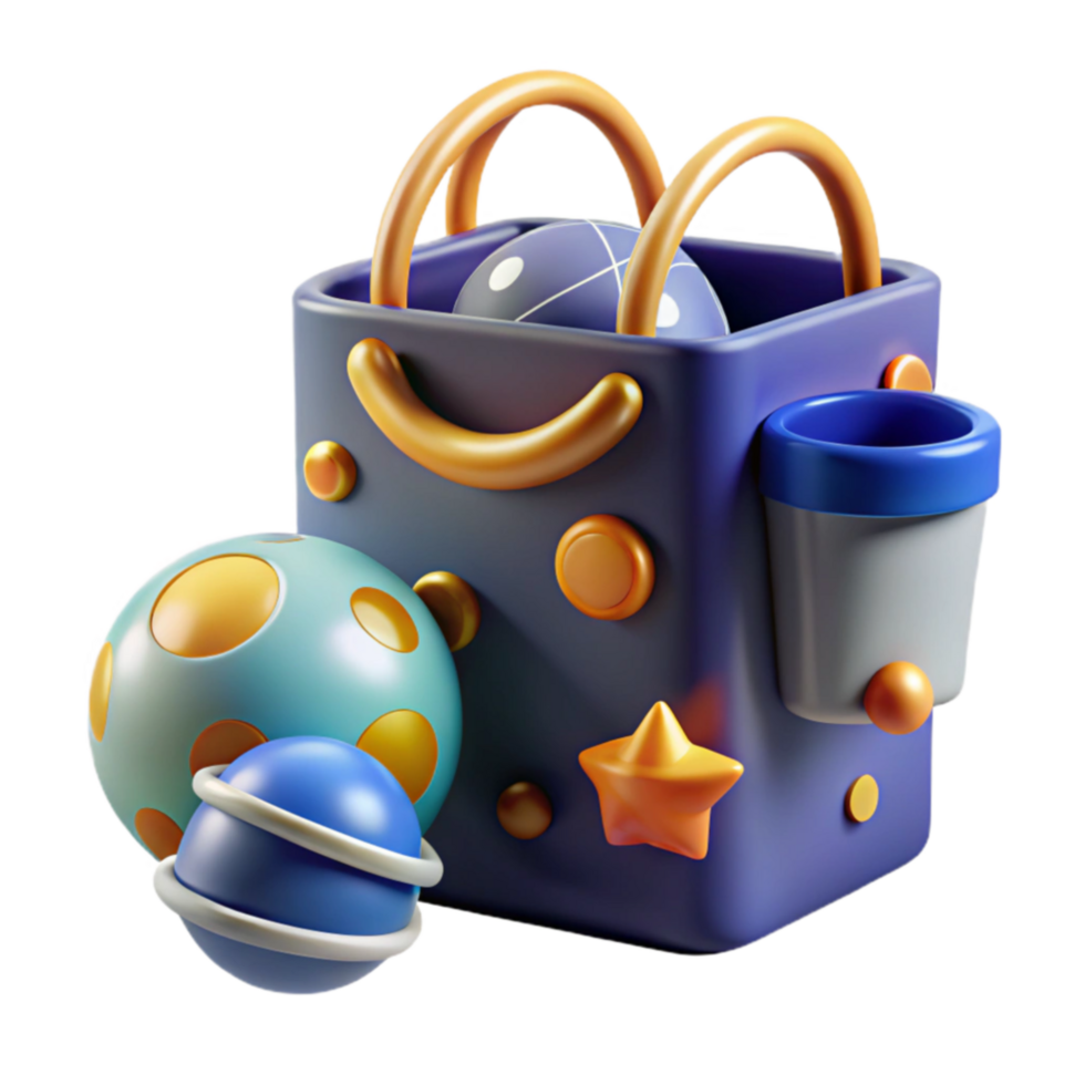 3D Render of Playful Gift Bag with Planets and Star png