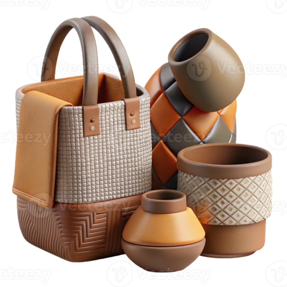 Stylish Woven Bag and Earthenware Pots Home Decor Set png