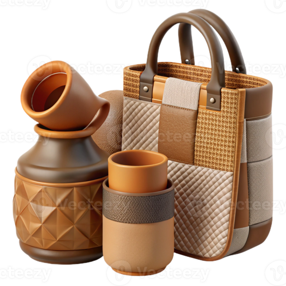 Earthy Tones Patchwork Bag, Pottery Set png
