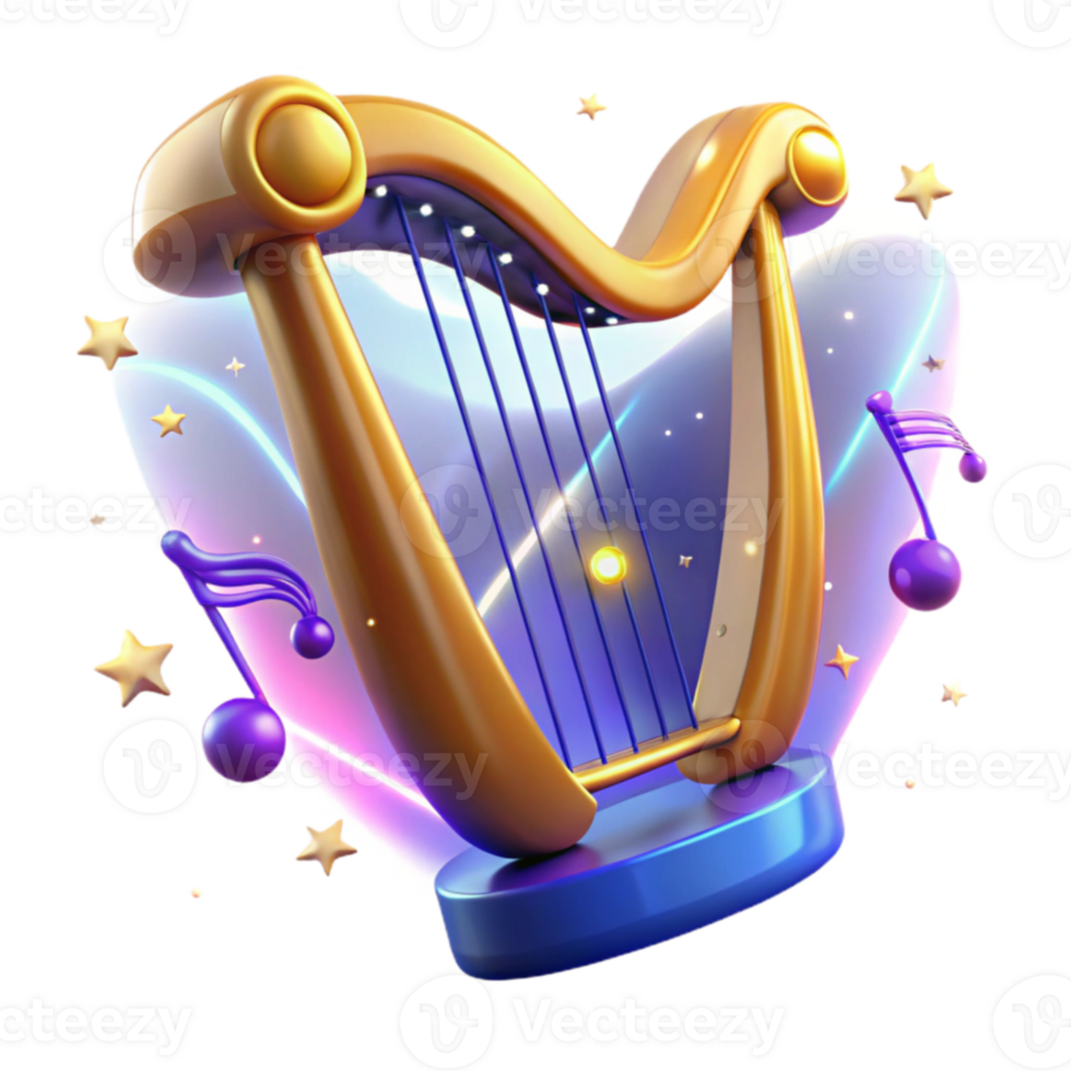 magnificent rustic Golden Harp 3D Render, Magical Music Illustration original png
