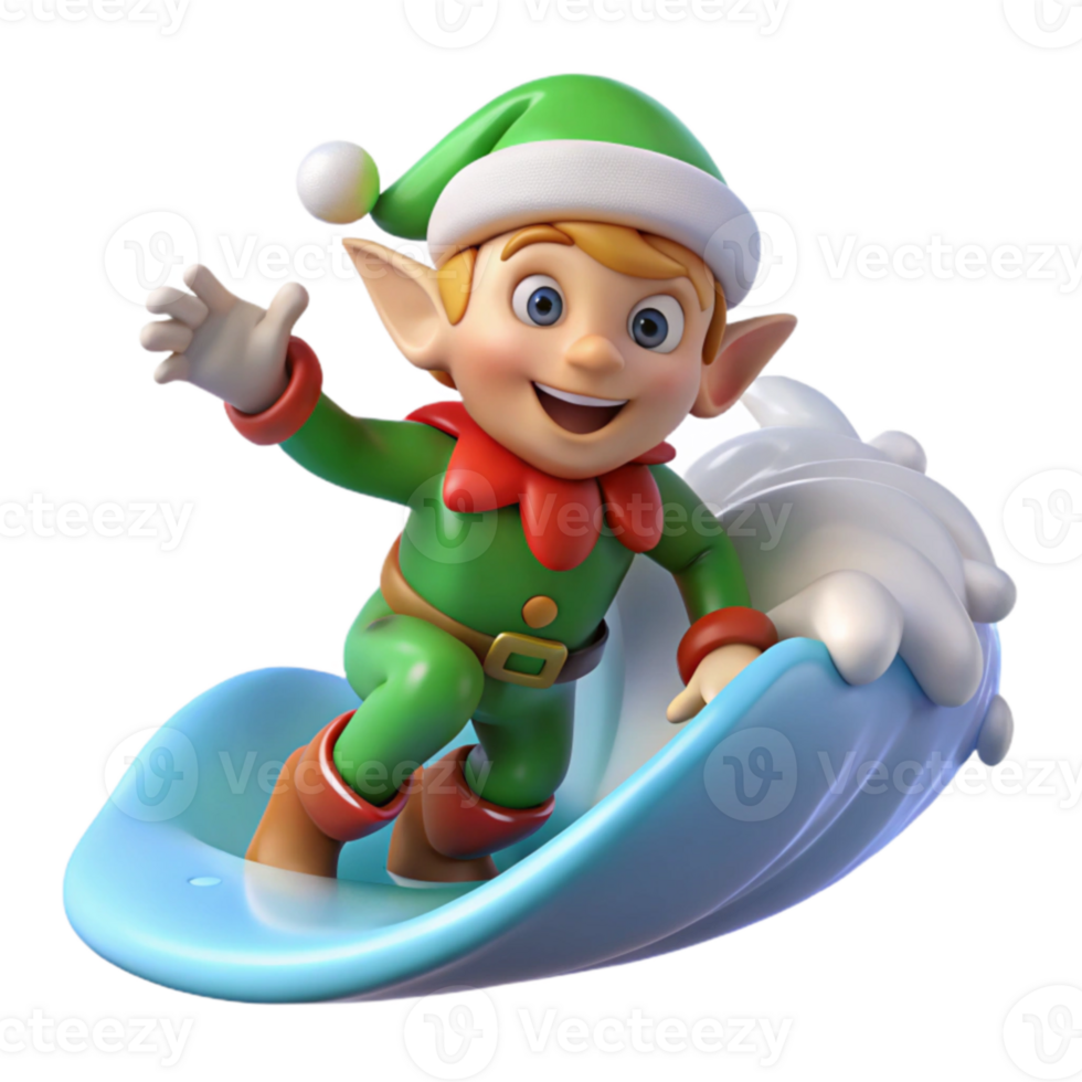 serene classic Jolly Elf Surfing 3D Render high quality png