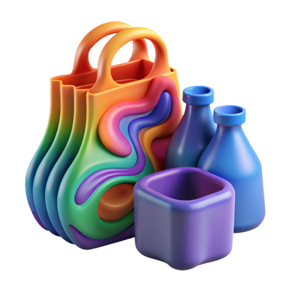 Rainbow Abstract Bag with Colorful Bottles and Cube png