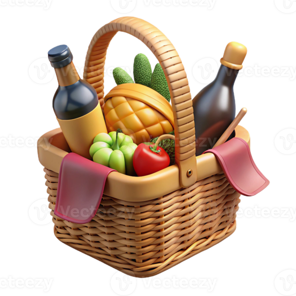 elegant artistic 3D Render Picnic Basket with Fruits and Drinks professional png