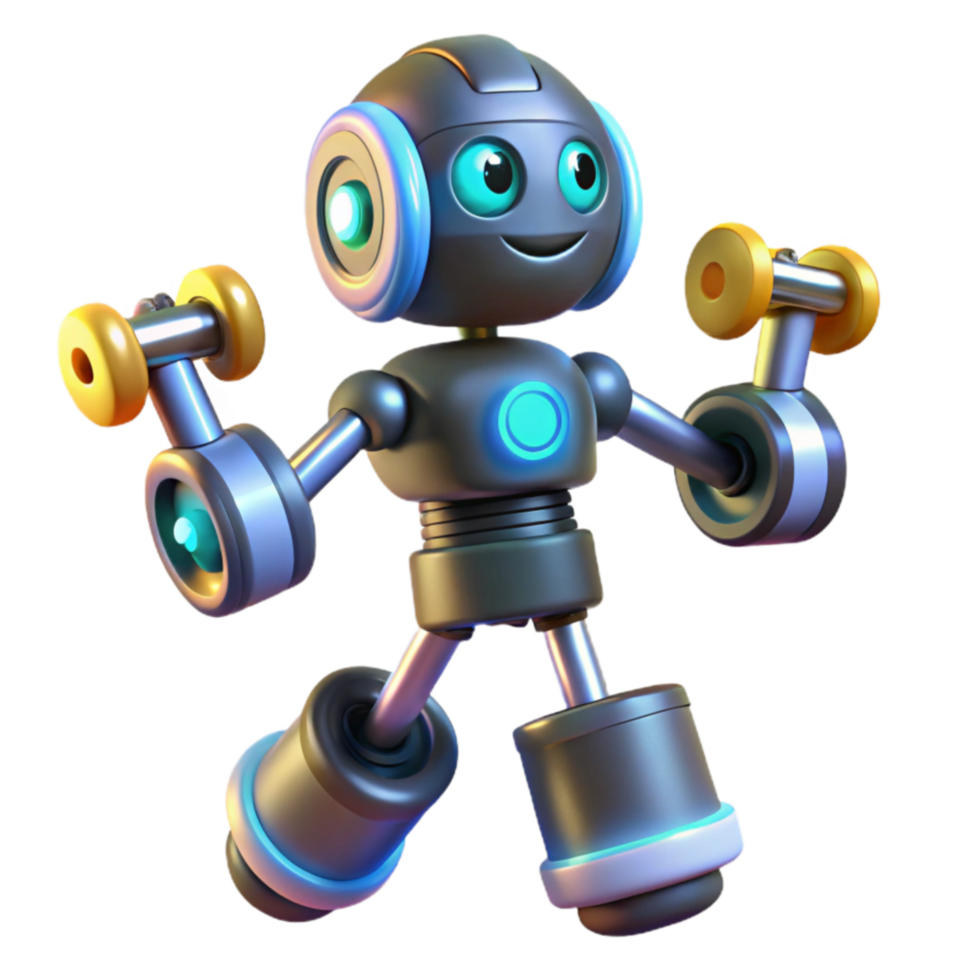 Cute Robot Exercising with Dumbbells png