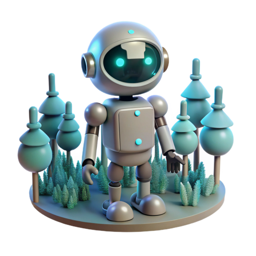 Cute Robot in a Forest Scene 3D Render png
