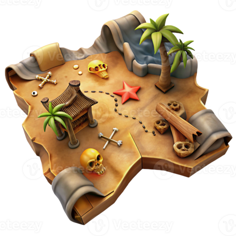 dramatic traditional Treasure Island 3D Map Illustration authentic png