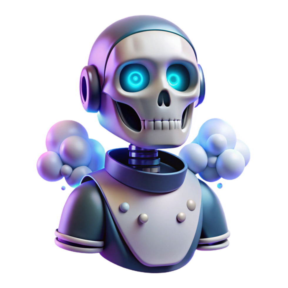 3d render robô crânio com brilhando olhos e vapor trilhas png