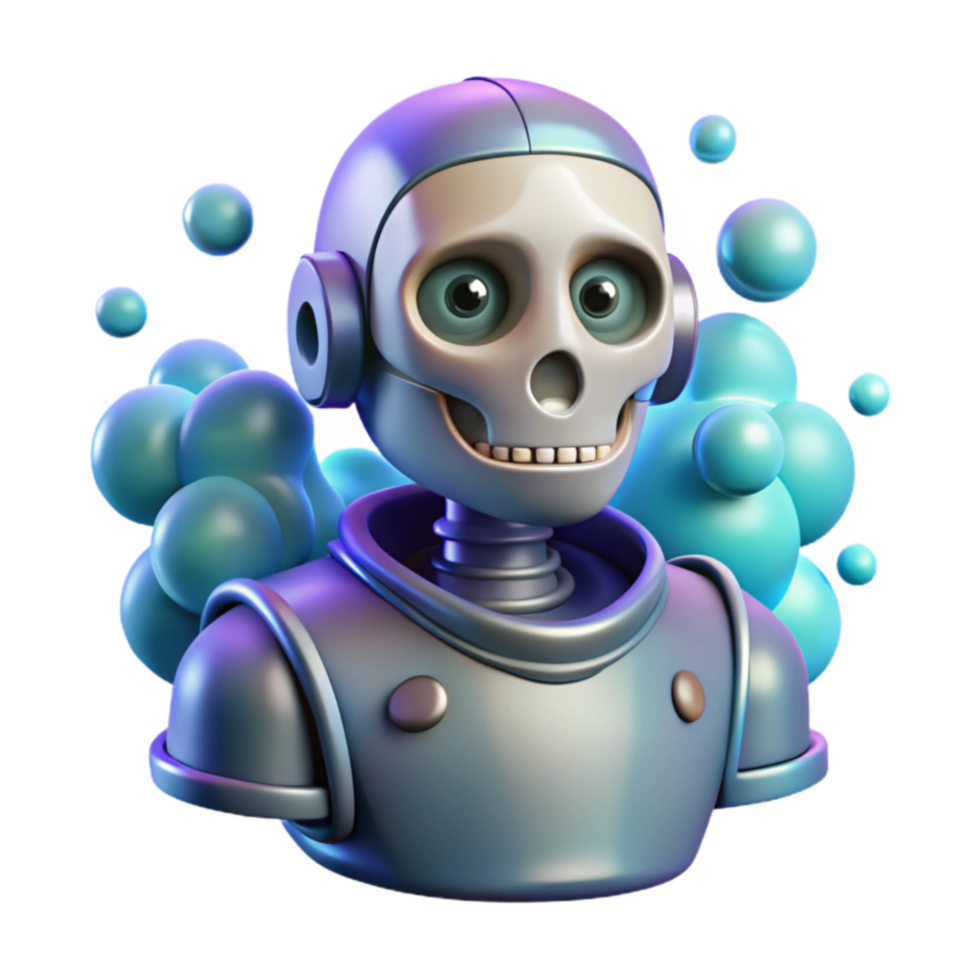 3D Render of a Robot Skull with Bubbles png