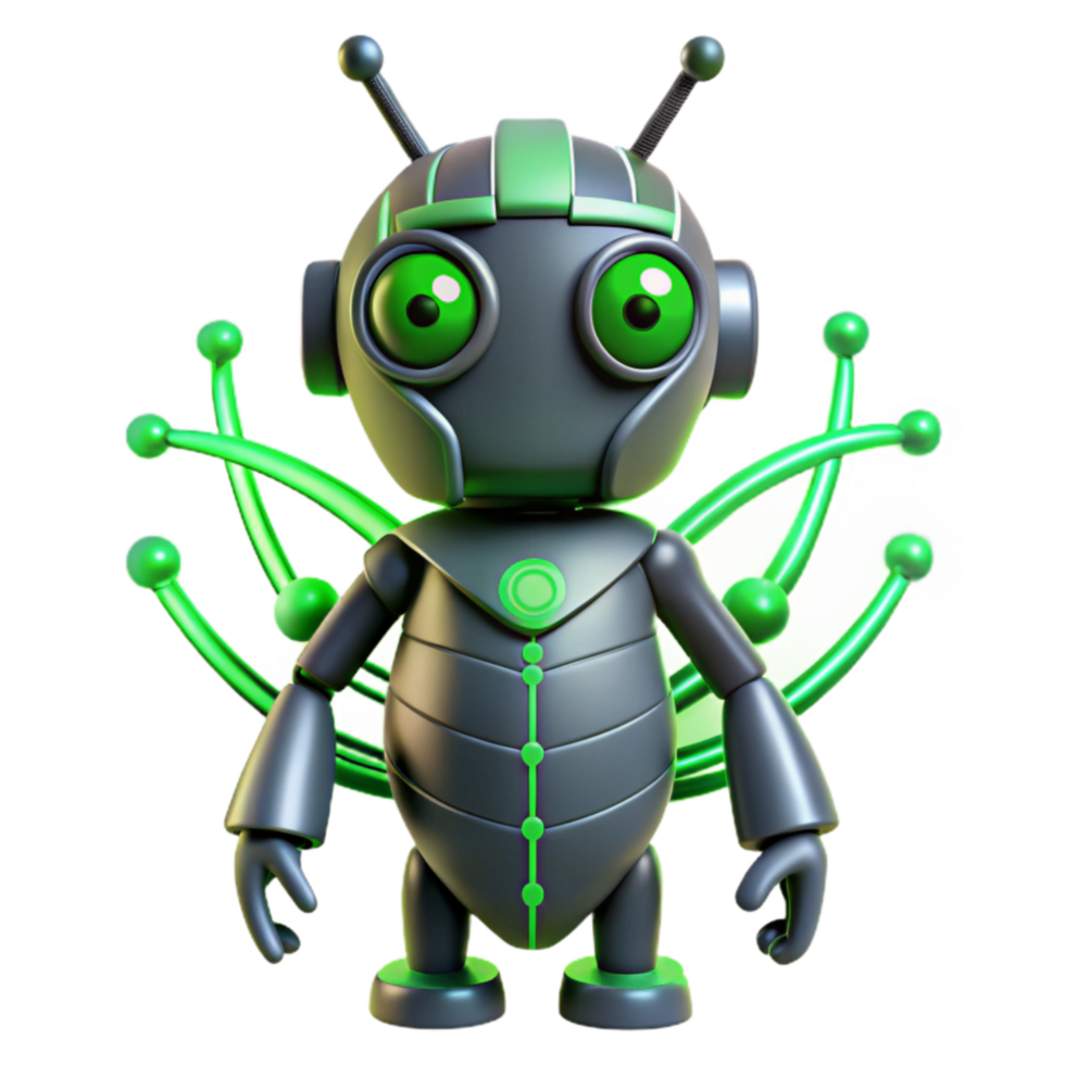 Cute Green Robot with Wings 3D Render png