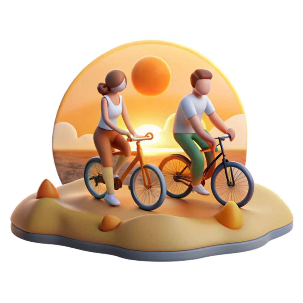 Sunset Cycling Couple 3D Render of Romantic Bike Ride png