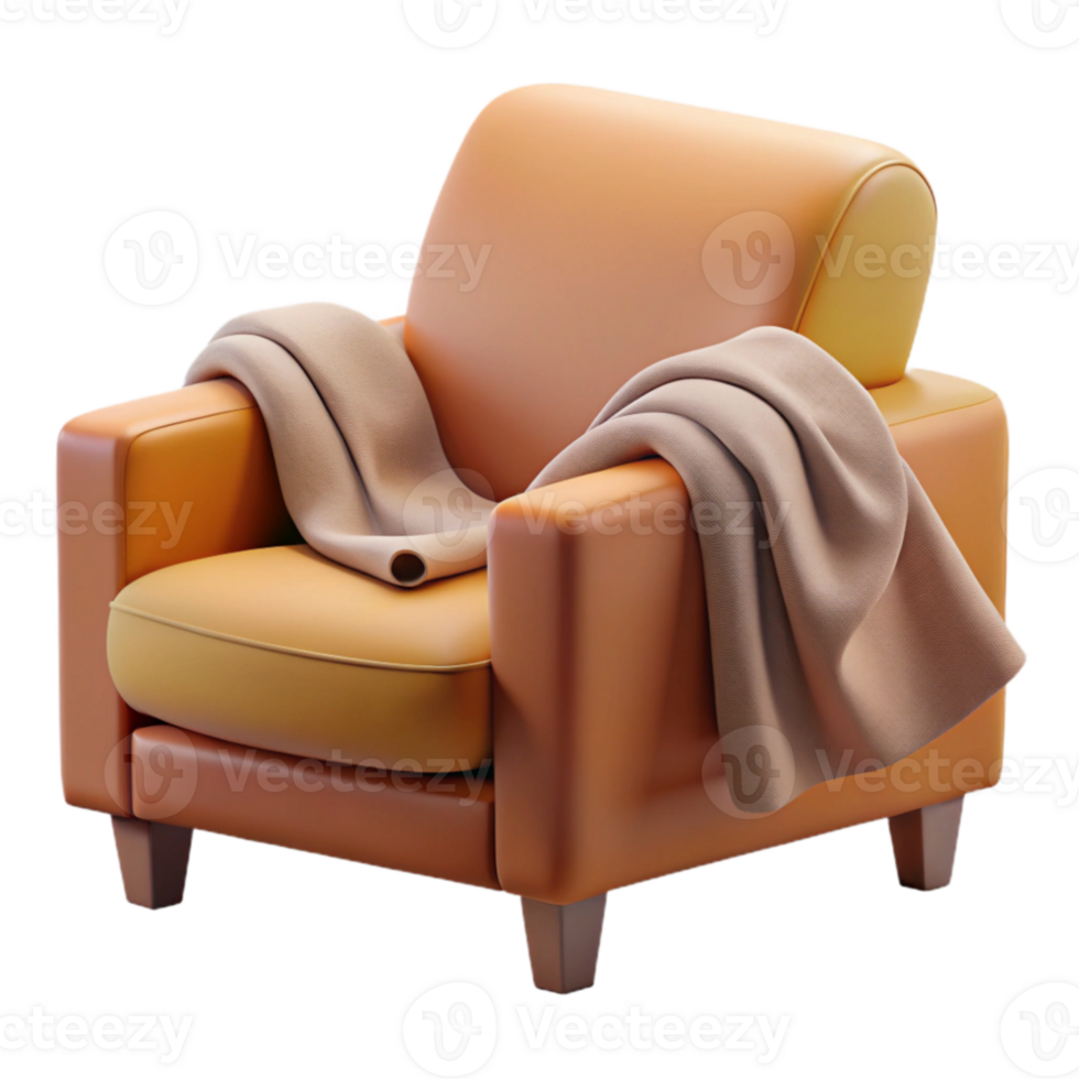 impressive minimalist Cozy Armchair 3D Render, Orange Leather with Beige Blanket professional png