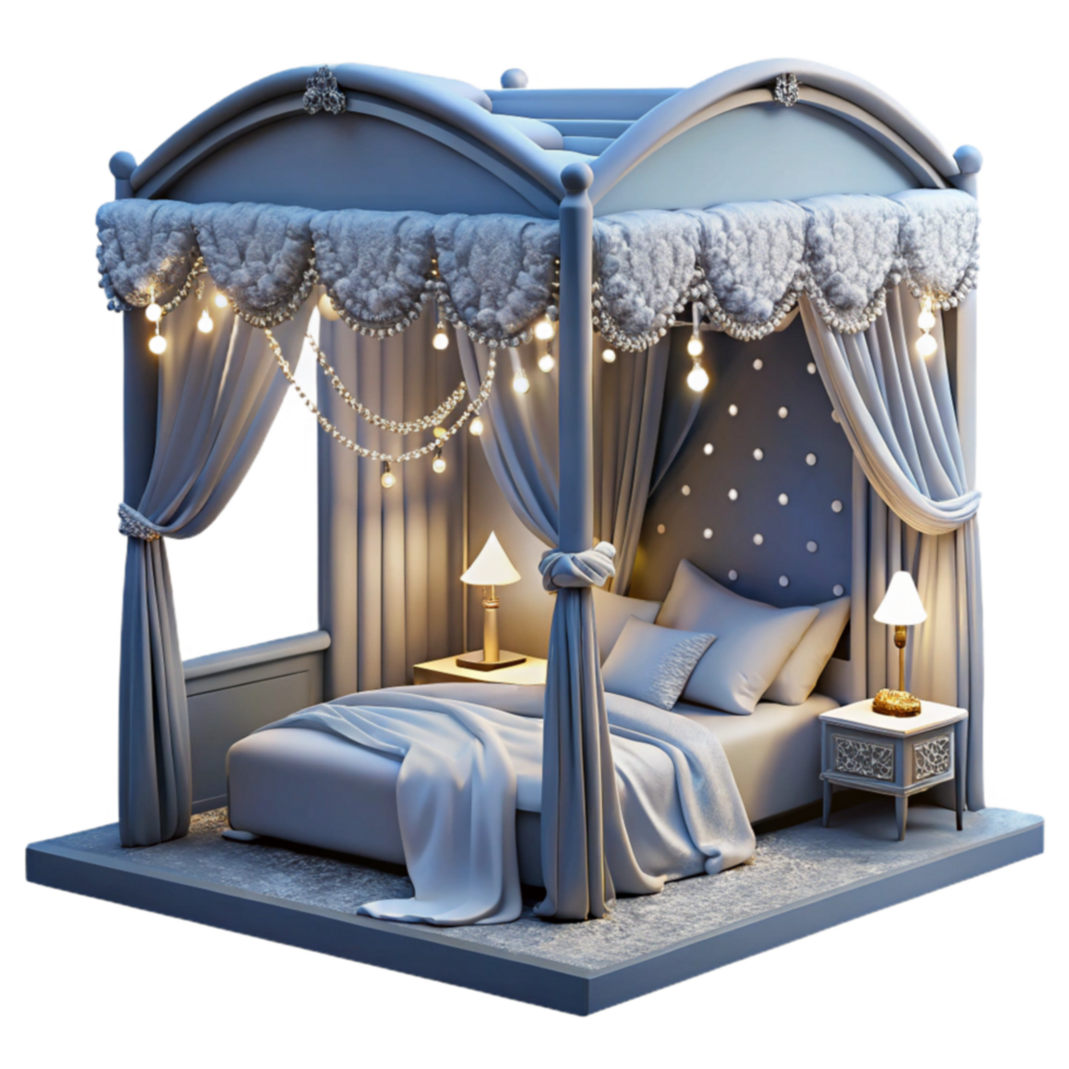 Elegant Canopy Bed with Lights Drapes png
