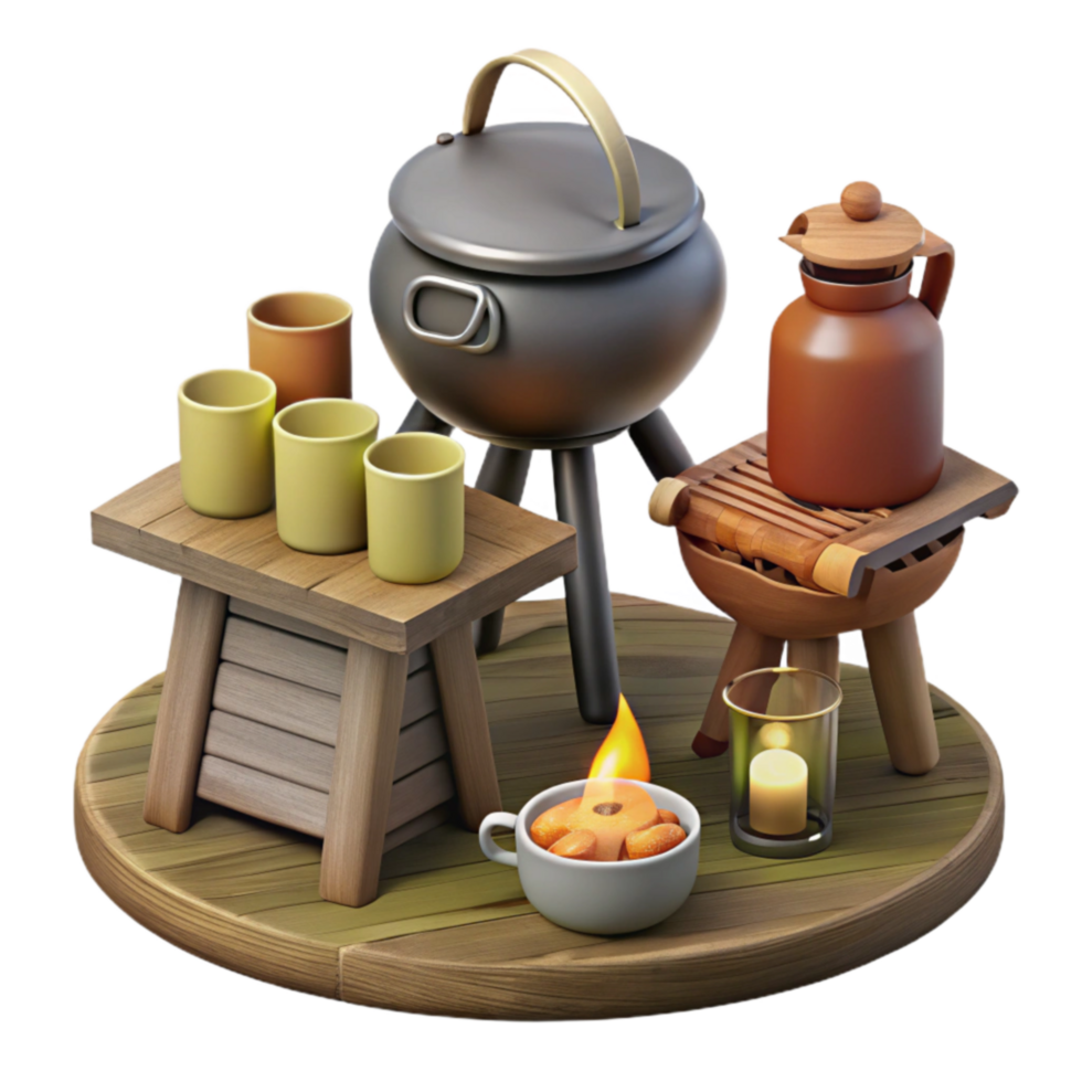 Campfire Kettle Cozy Cups A Rustic 3D Scene png