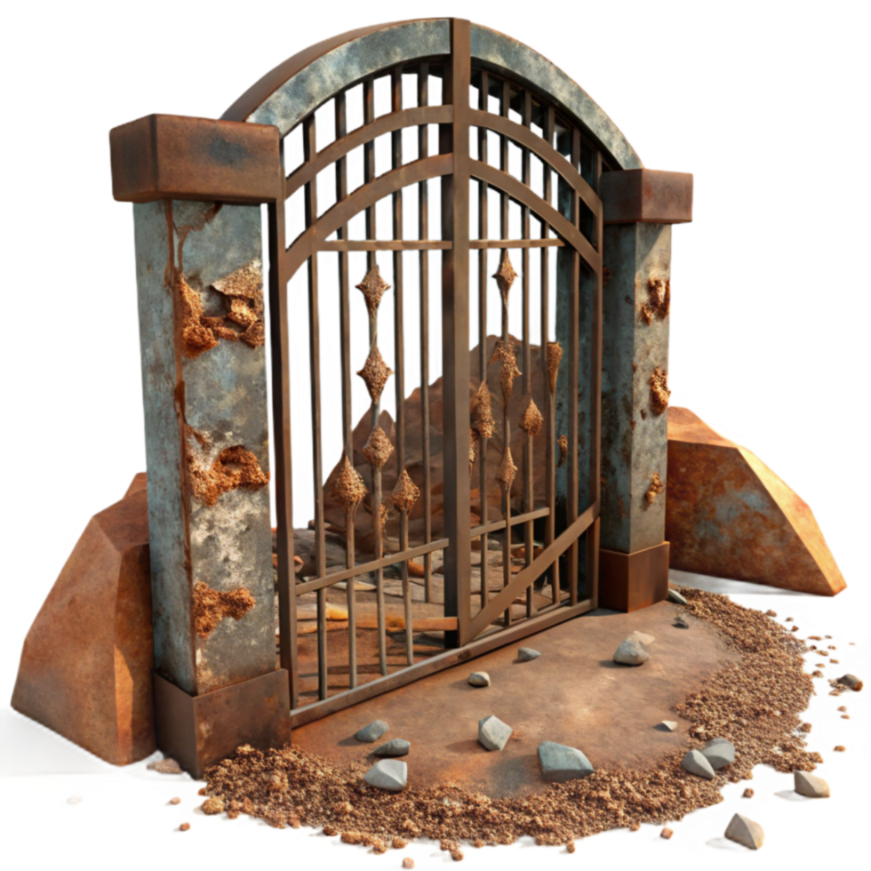 Rusty Gate, Abandoned Entrance, Weathered Metal, Decaying Stone, Archway, Forgotten Path, Old Fence, Broken Gate, Ground Debris, Ruins png