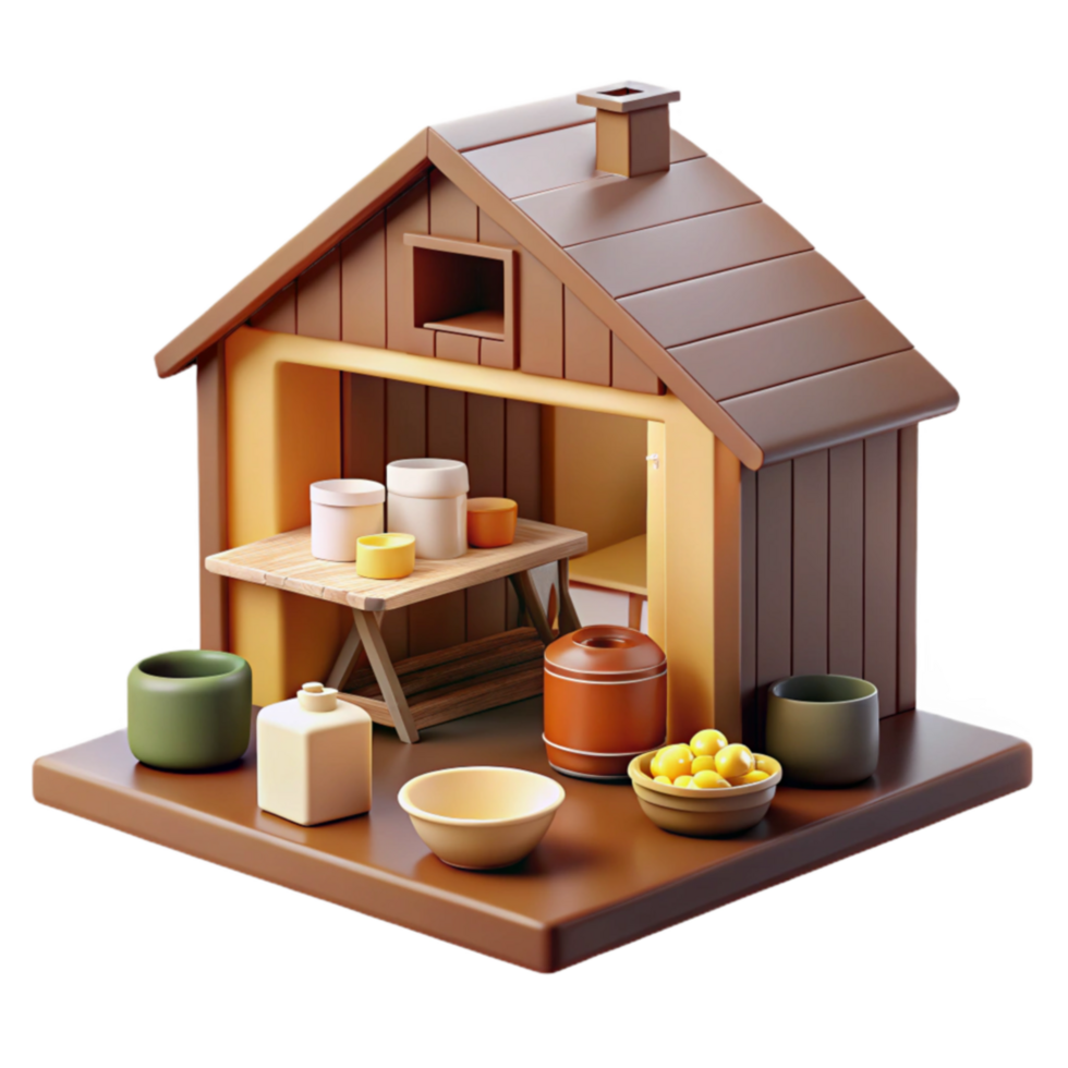3D Render of a Wooden Potting Shed with Ceramics png