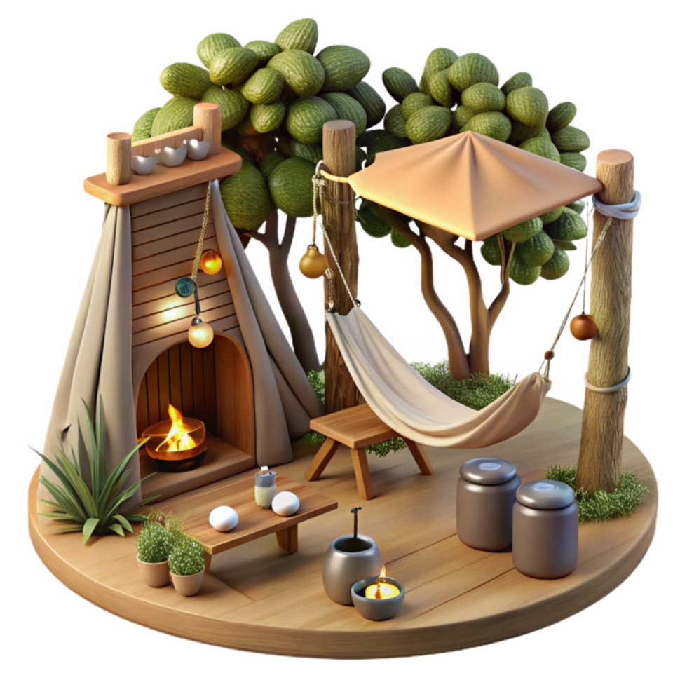 Cozy Campsite Relaxation Hammock, Fireplace, and Tranquil Setting png